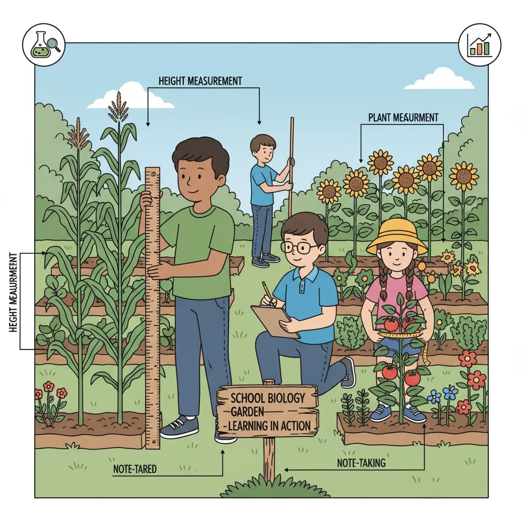 Students engaged in academic learning in a school garden by measuring plant height for student development
