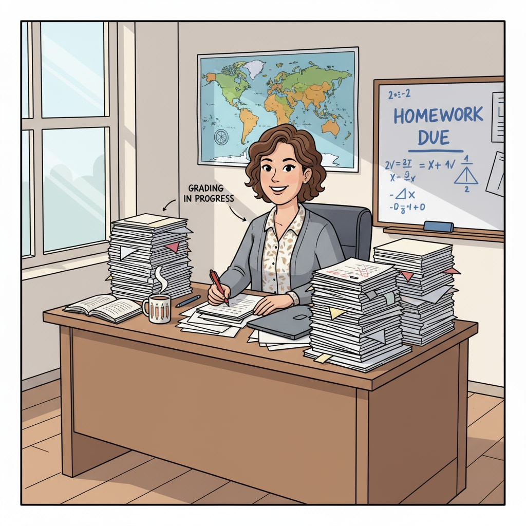 Teacher grading student papers in a UK school, relevant to UK education system, curriculum reform, and student assessment methods