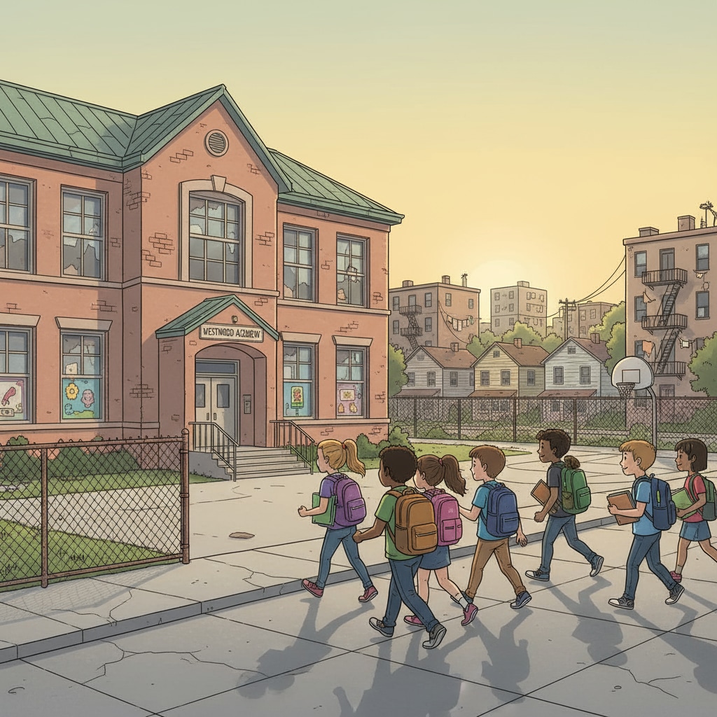 A group of students walking into a school building in a low - income neighborhood. The building looks a bit old and the neighborhood has a mix of small houses and apartment buildings. Students entering a public school building in a low - income community which might be repurposed for a charter school