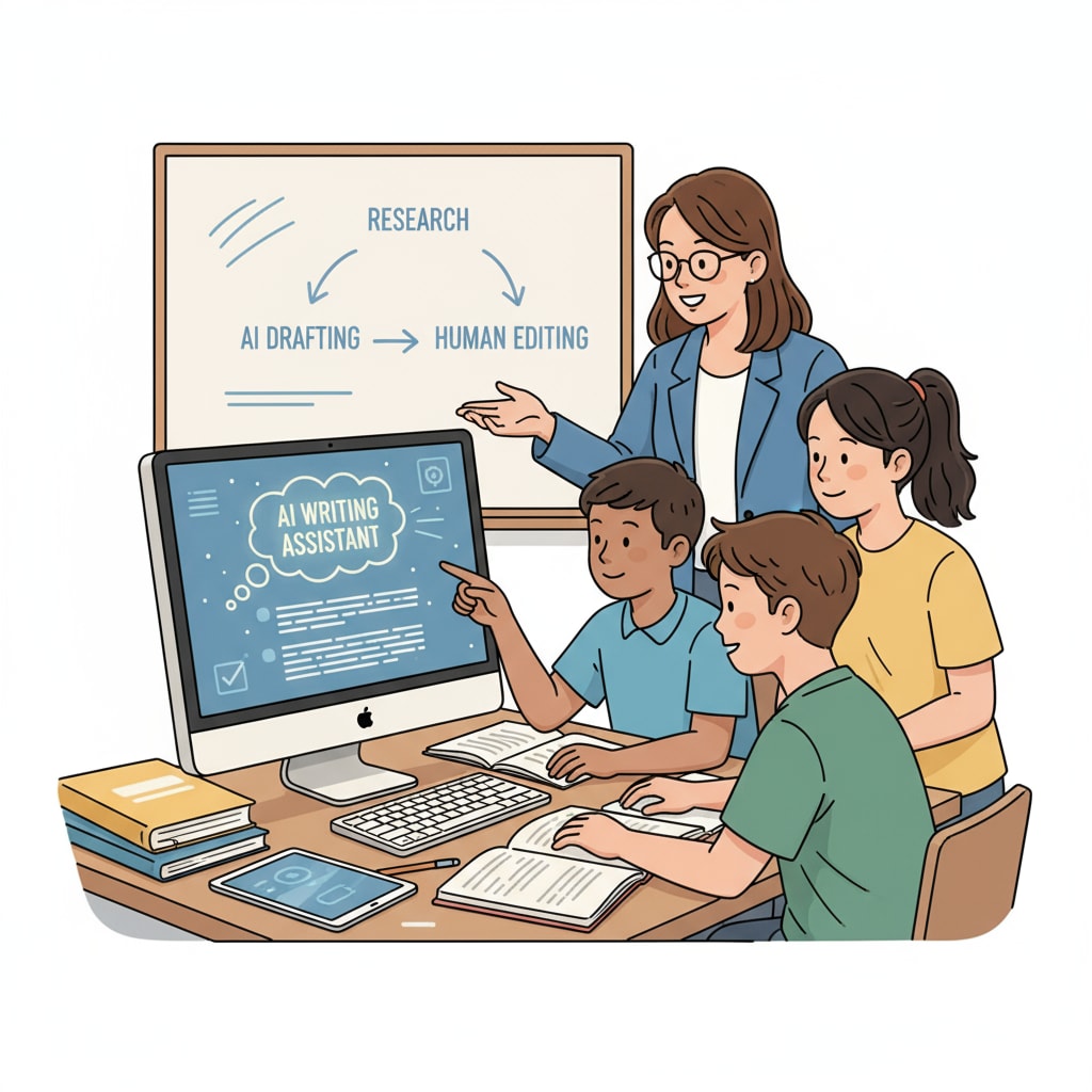 Students using AI tools in a writing class to enhance their writing skills and experience teaching transformation.