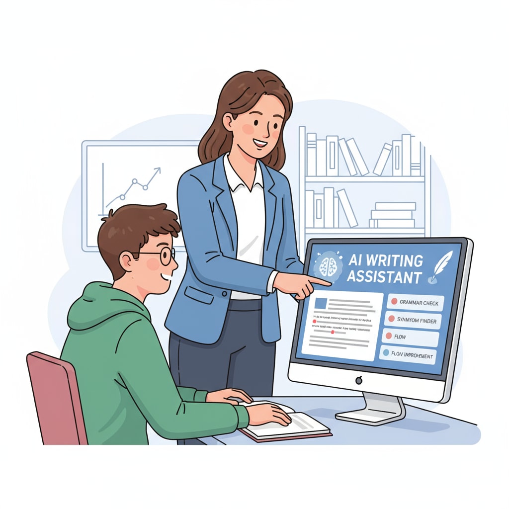 A teacher guiding students on using AI for writing improvement to develop better writing skills and adapt to teaching transformation.