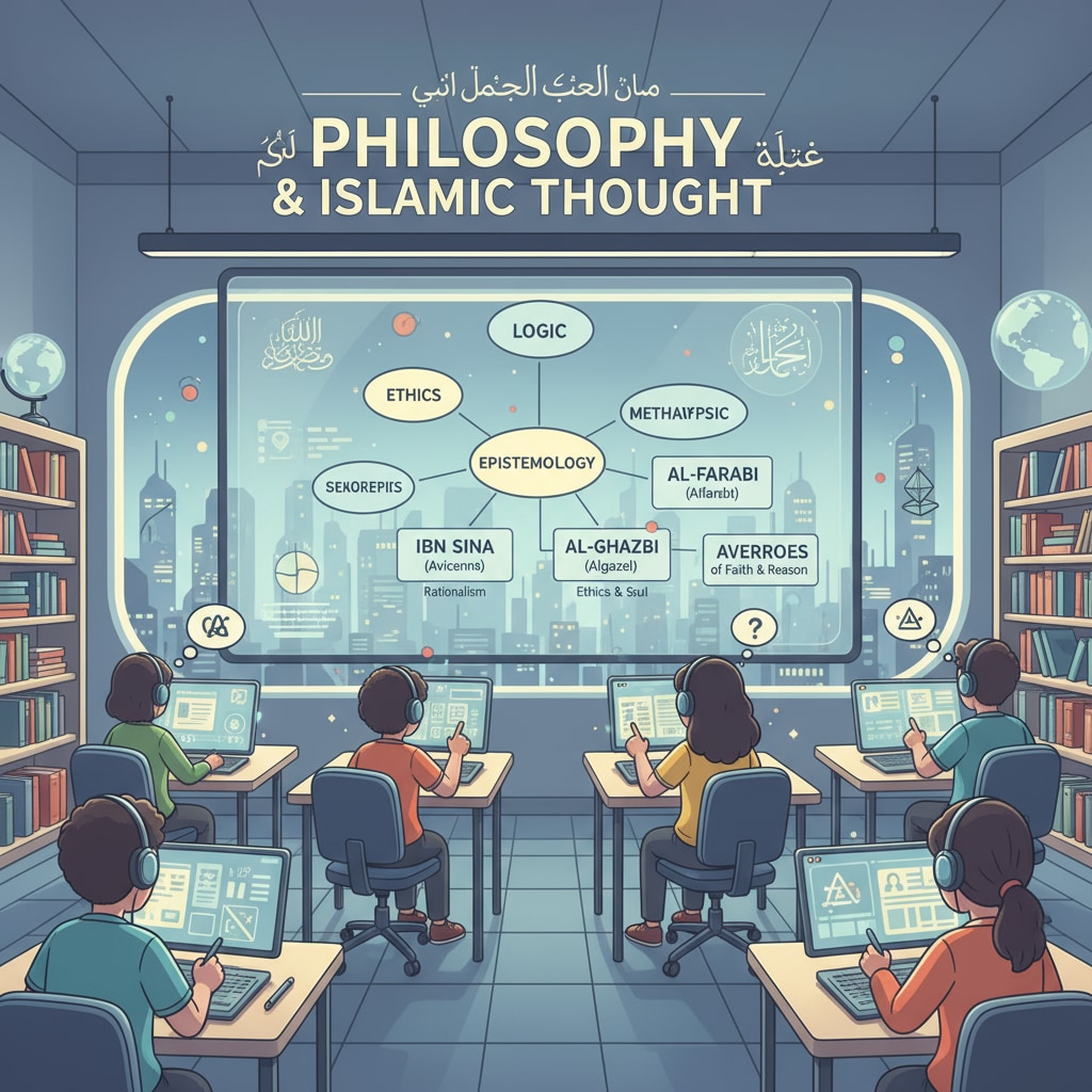 A virtual classroom with students studying philosophy concepts including Islamic thought and modernity implications