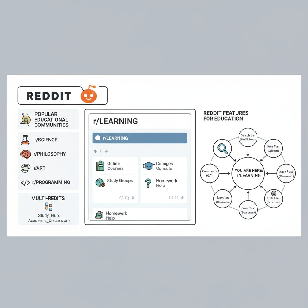 Visual of Reddit's interface with education sections marked for community rules, educational subreddits, and posting guidelines