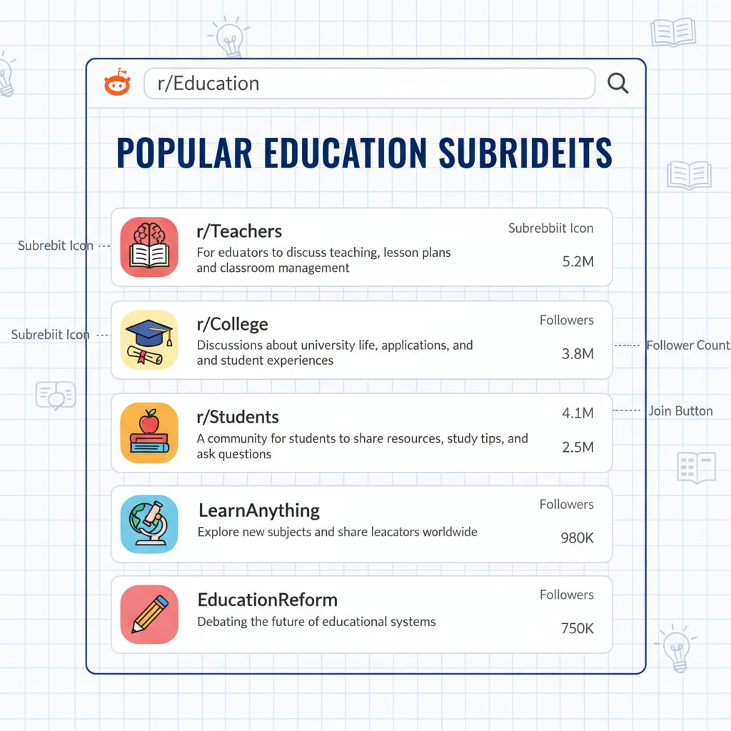 Screenshot of popular Reddit education subreddits relevant to community rules, educational subreddits, and posting guidelines