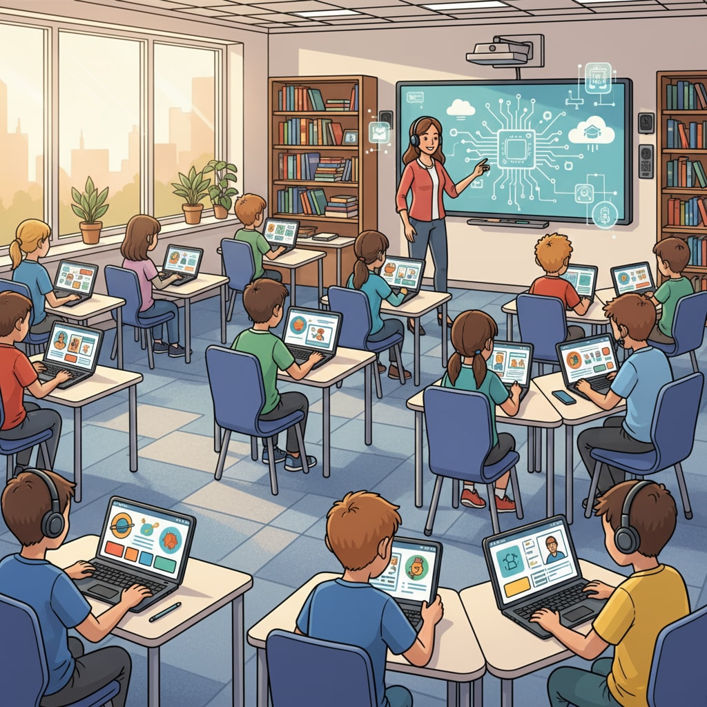 Modern primary education classroom with technology integration for enhanced learning