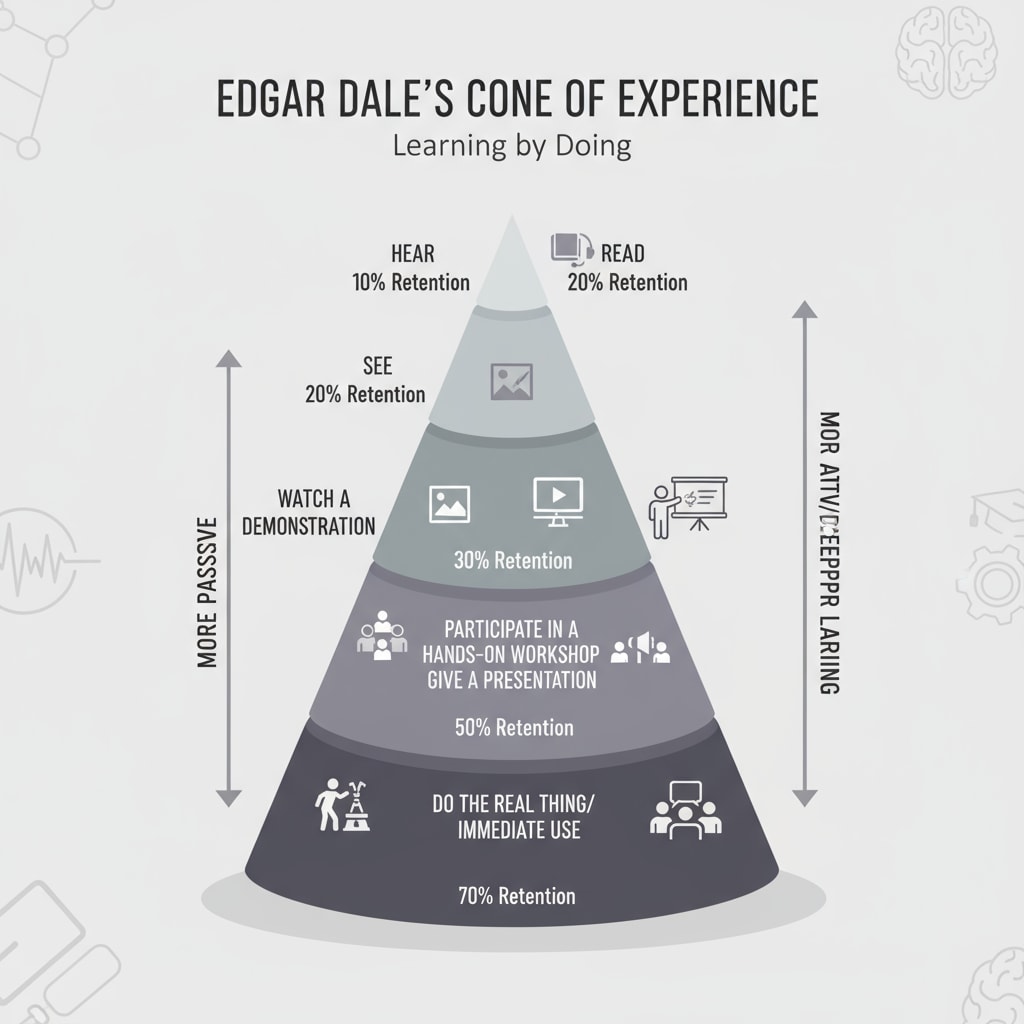 Visual representation of Dale's Cone of Experience highlighting learning theories, sensory experiences, and practical learning