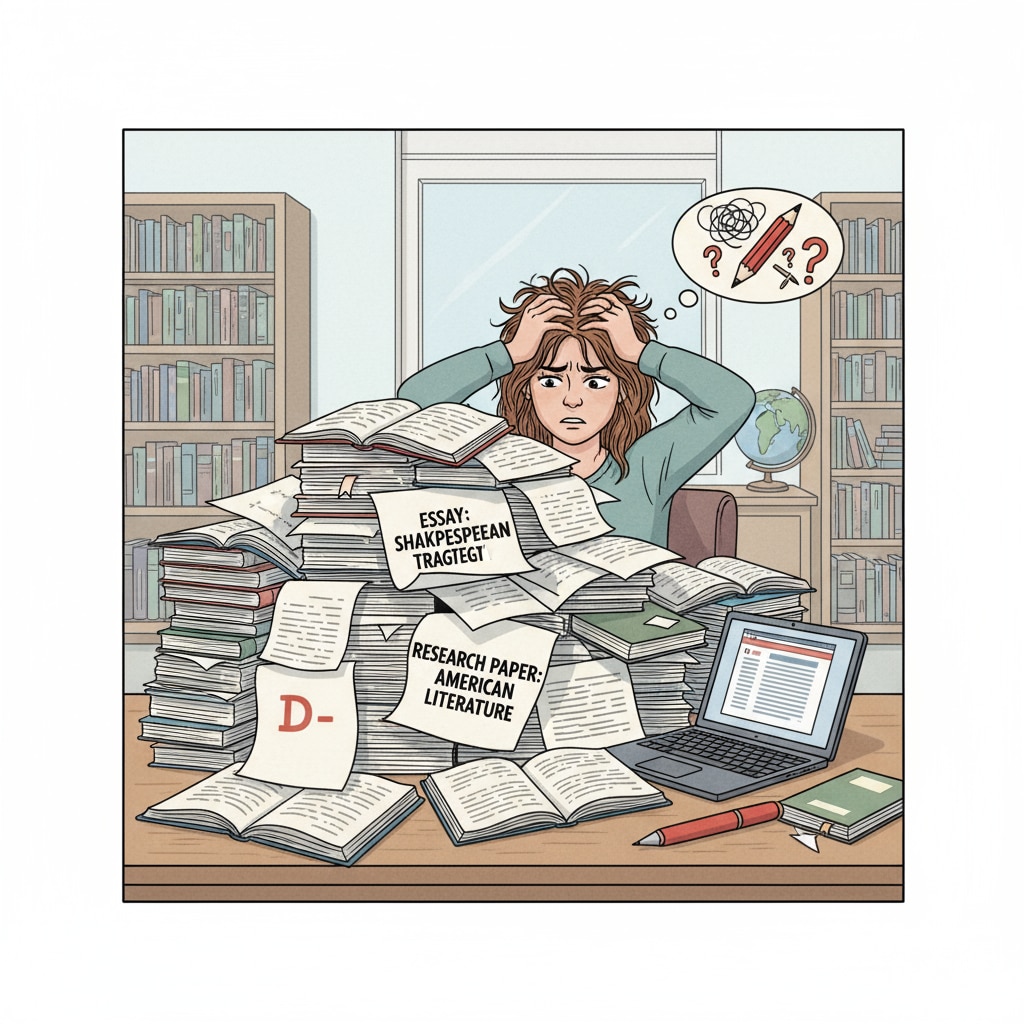 A student burdened with English assignments highlighting the negative impact on learning experience.