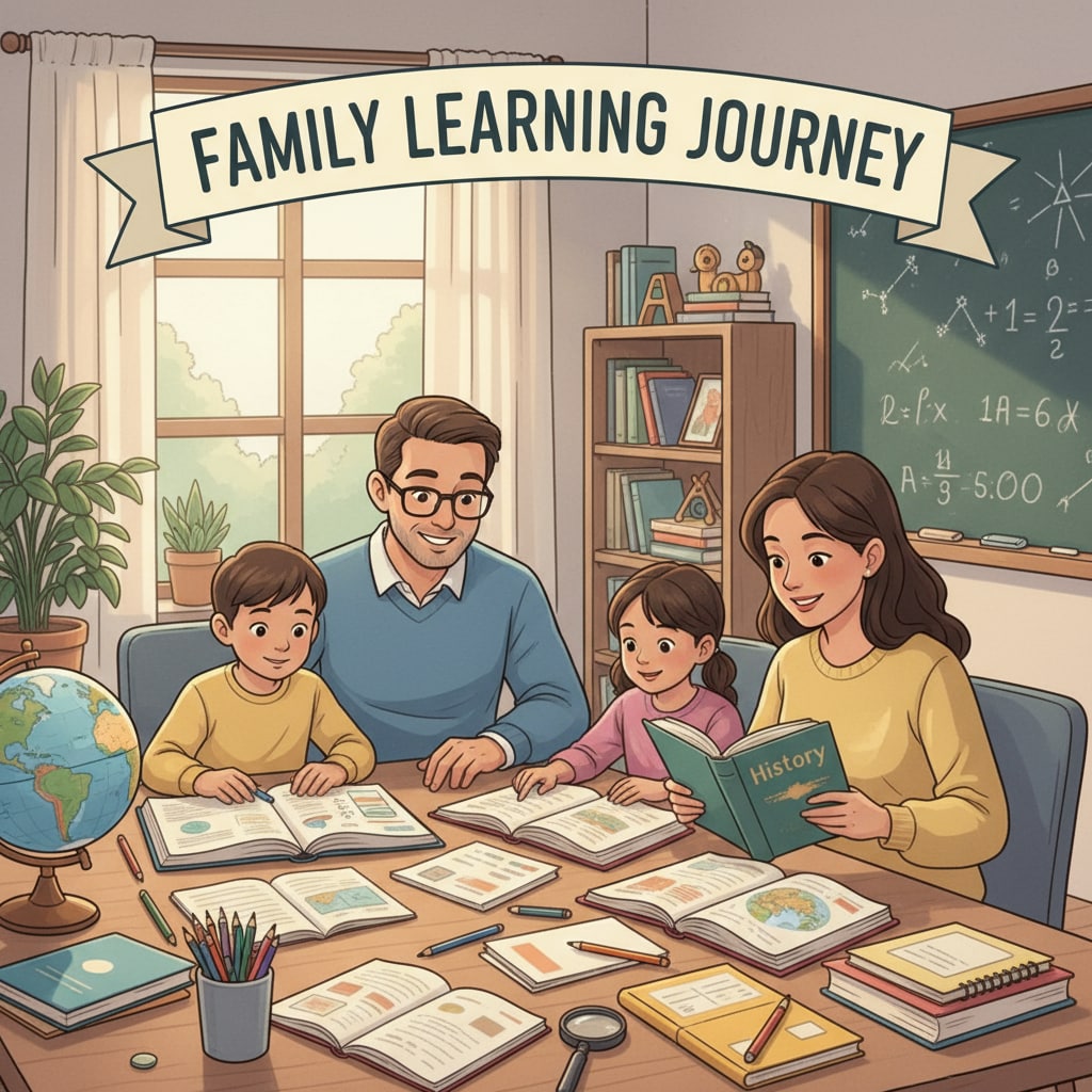 Parents and children exploring educational resources in family education