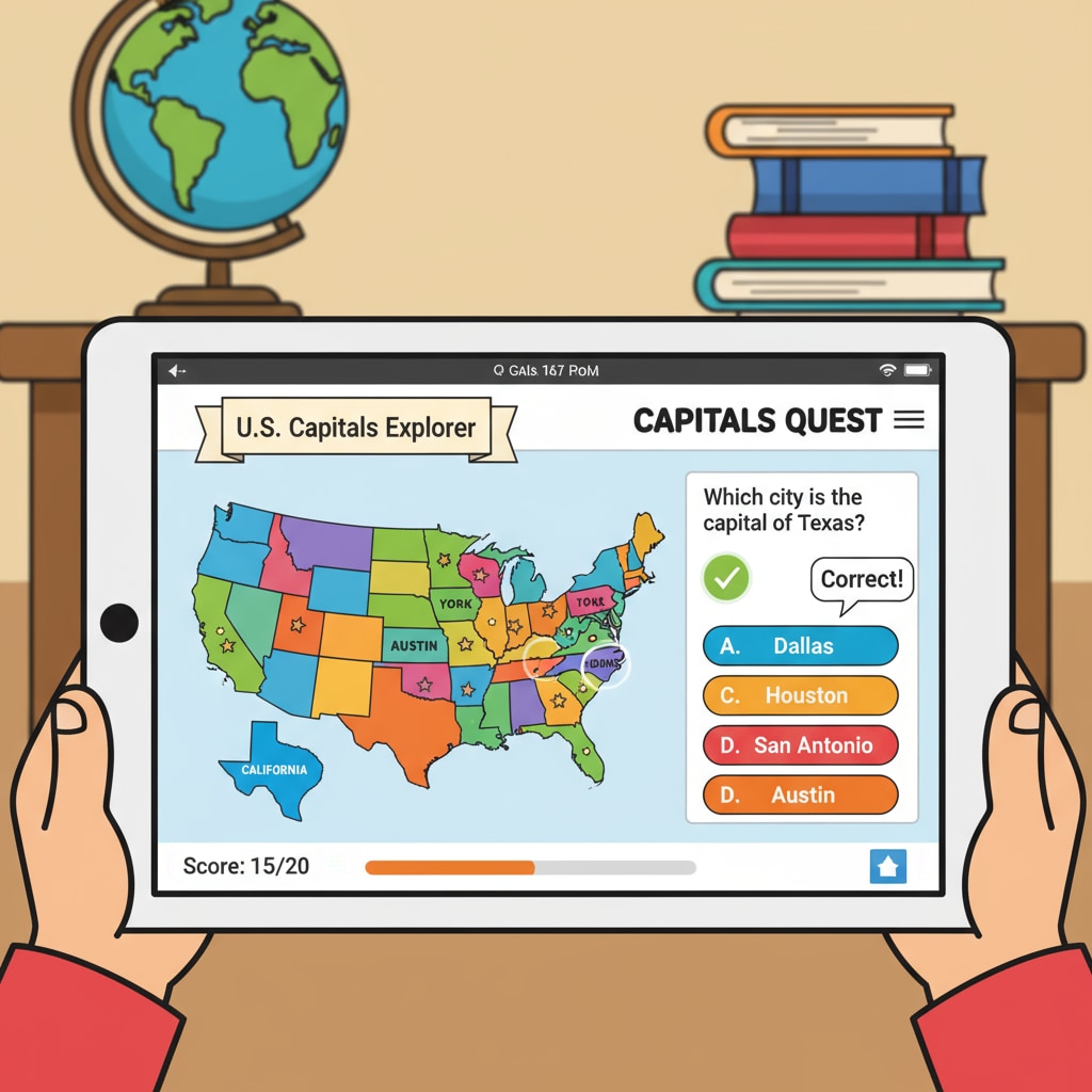 Screenshot of a U.S. state capitals geography learning app with interactive features