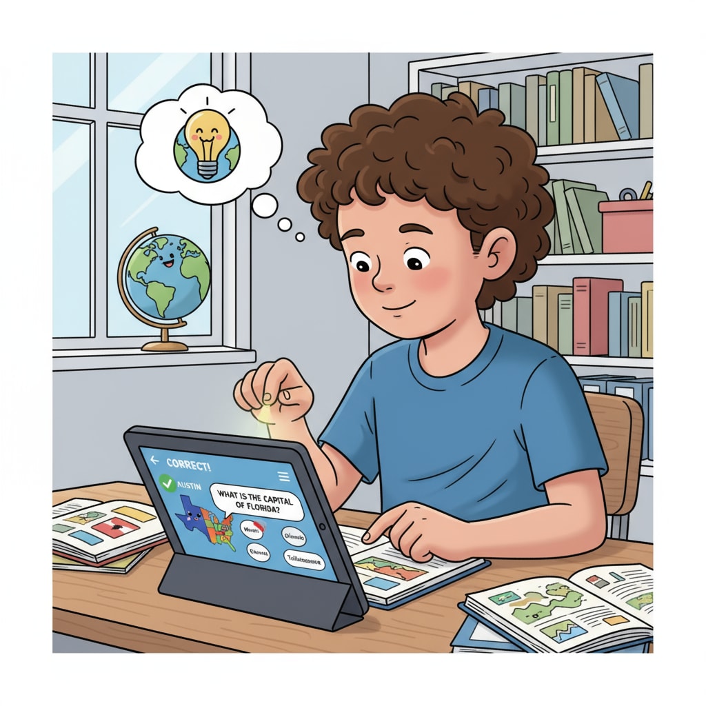 A child using a U.S. state capitals geography learning app on a tablet