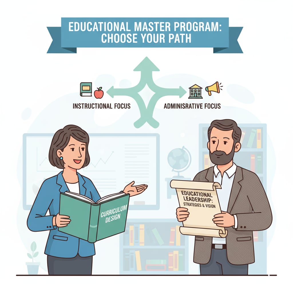 Two educators discussing educational paths of curriculum design and educational leadership in an Educational Master context
