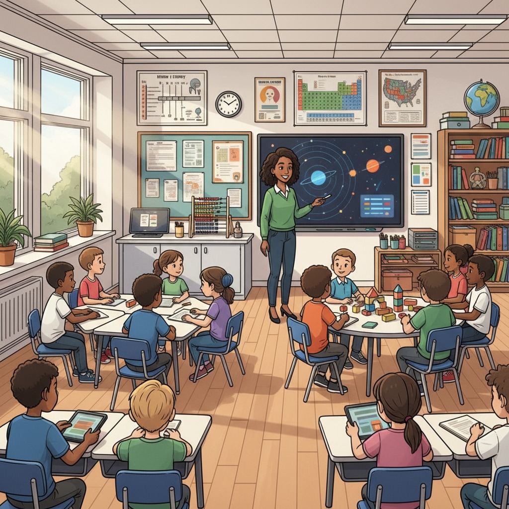 Classroom scene in a professional K12 school highlighting pedagogy, curriculum goals, and learning assessment