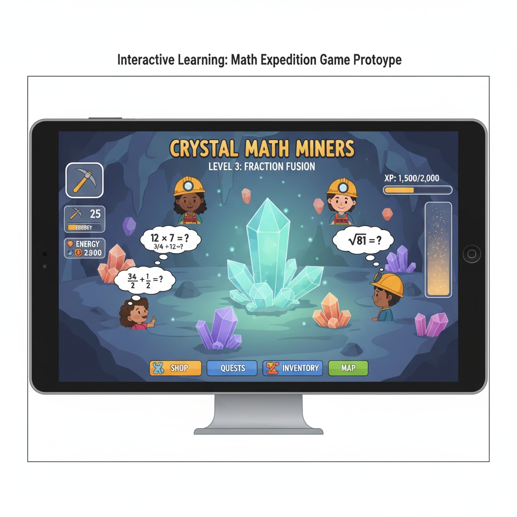 A screenshot of a math educational game prototype with students interacting, highlighting game mechanics and virtual world exploration.