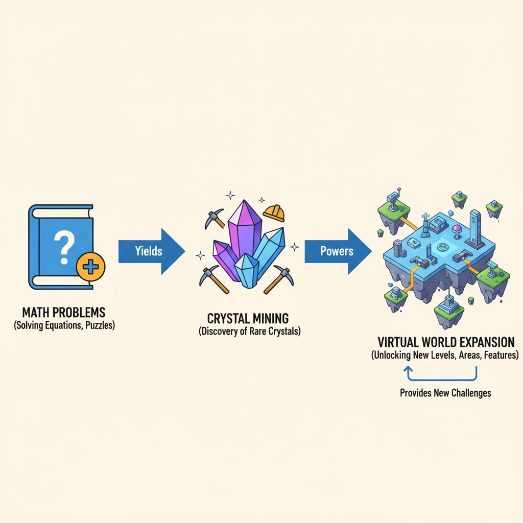 Diagram depicting the connection between math problems, crystal mining, and virtual world expansion in a math educational game prototype.