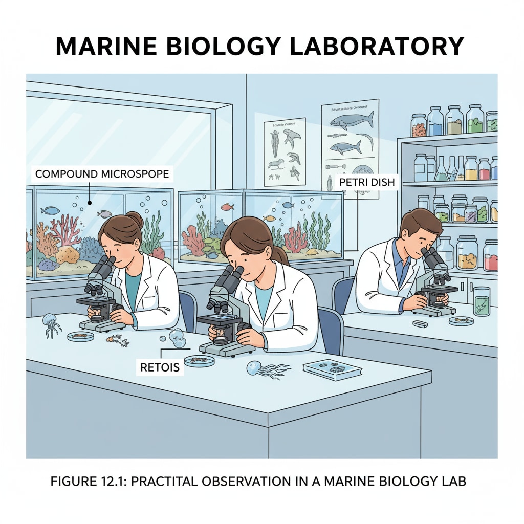 Students observing specimens in a marine biology laboratory related to science degrees and basics