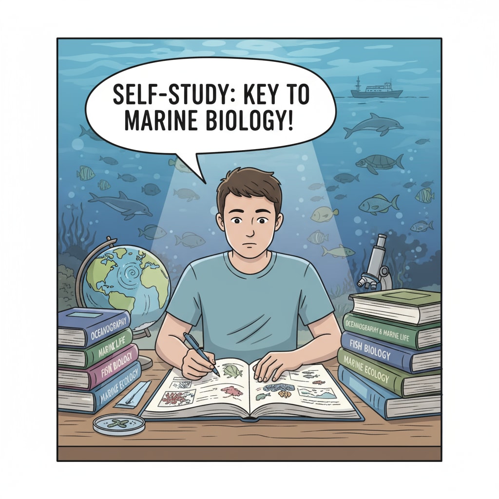 A student studying marine biology textbooks for science degree pursuit