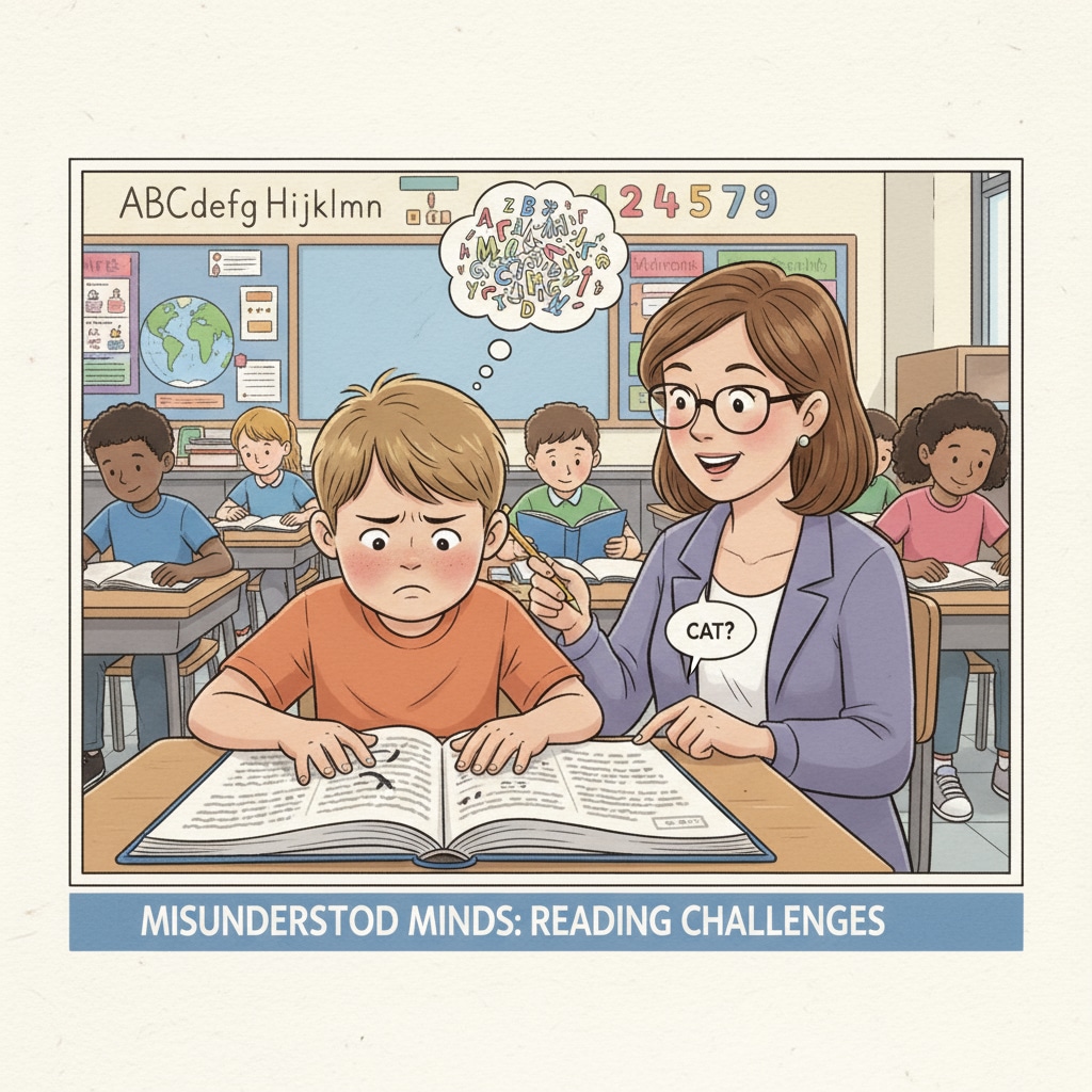 A classroom scene from PBS series 'Misunderstood Minds' depicting a student with reading difficulties, related to PBS series, struggling students, and education courses.