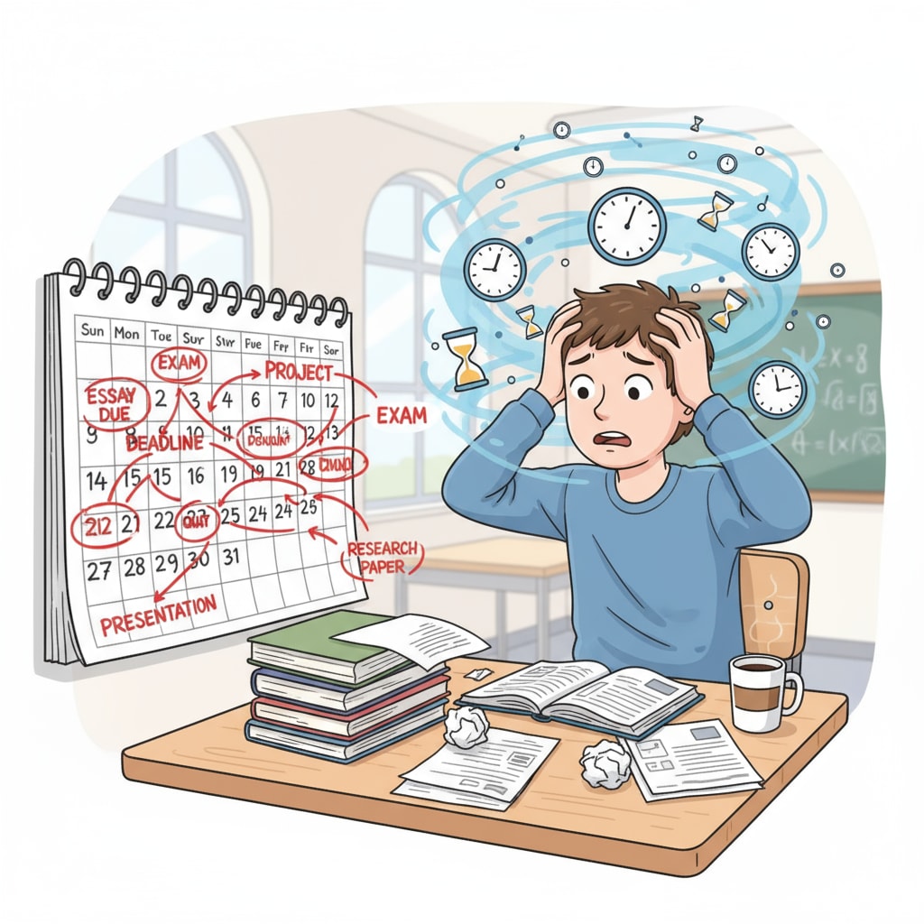 A college student experiencing time anxiety due to deadlines