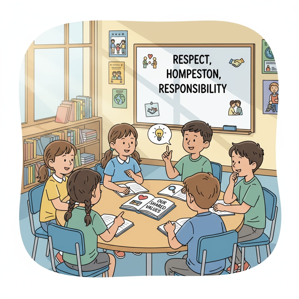 K12 students discussing values amidst moral, shared values, and social division contexts