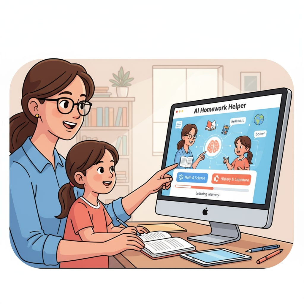 A parent and child using AI for homework, related to AI cheating, parental indulgence, and writing anxiety