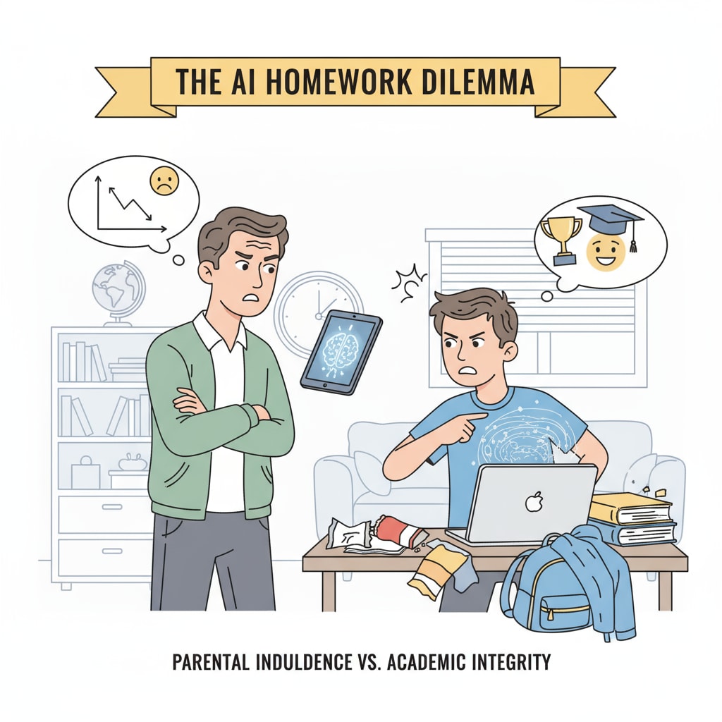 A parent and child arguing over AI use in homework, associated with AI cheating, parental indulgence, and writing anxiety