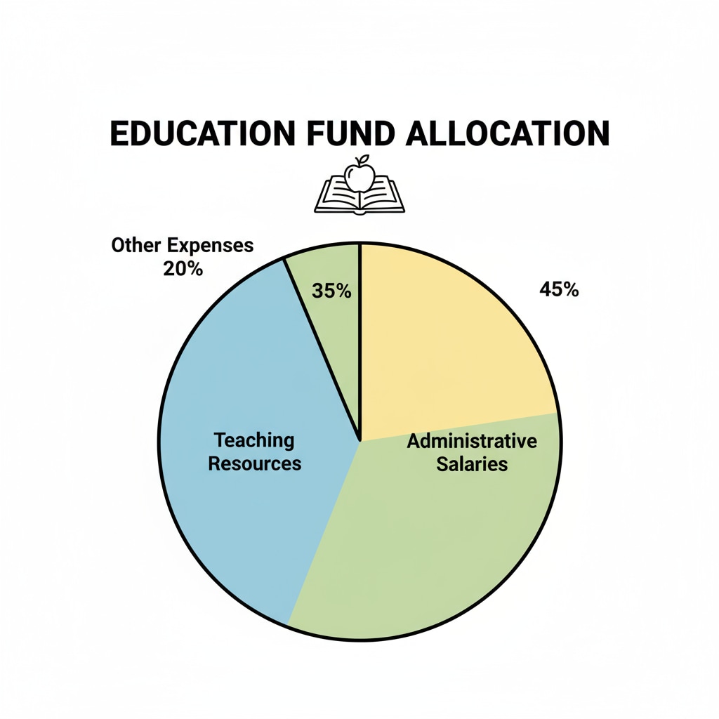 Pie chart representing the distribution of education funds in relation to administrative salaries, teaching resources, and other areas