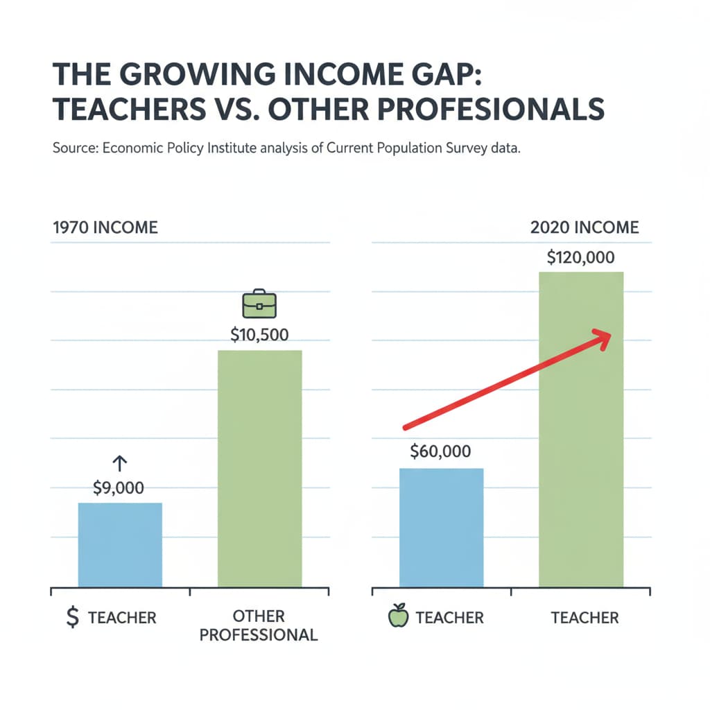Graph depicting the growth of the income gap between teachers and other professionals, highlighting teacher shortage implications