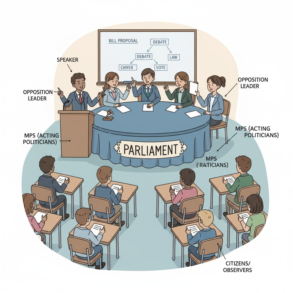 Students engaged in a mock parliament activity, relevant to European education models for political science