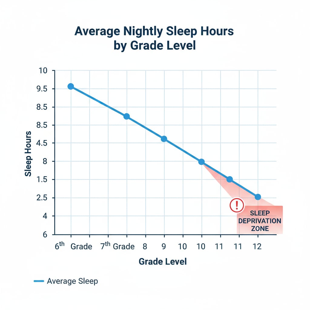 Graph showing sleep hours of students in different grades related to sleep deprivation, mental health, and student autonomy