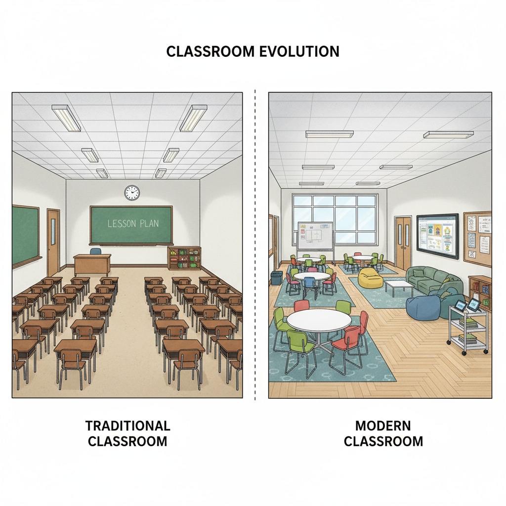 Comparison of traditional and modern classroom layouts in K-12 educational spaces to address teenager needs