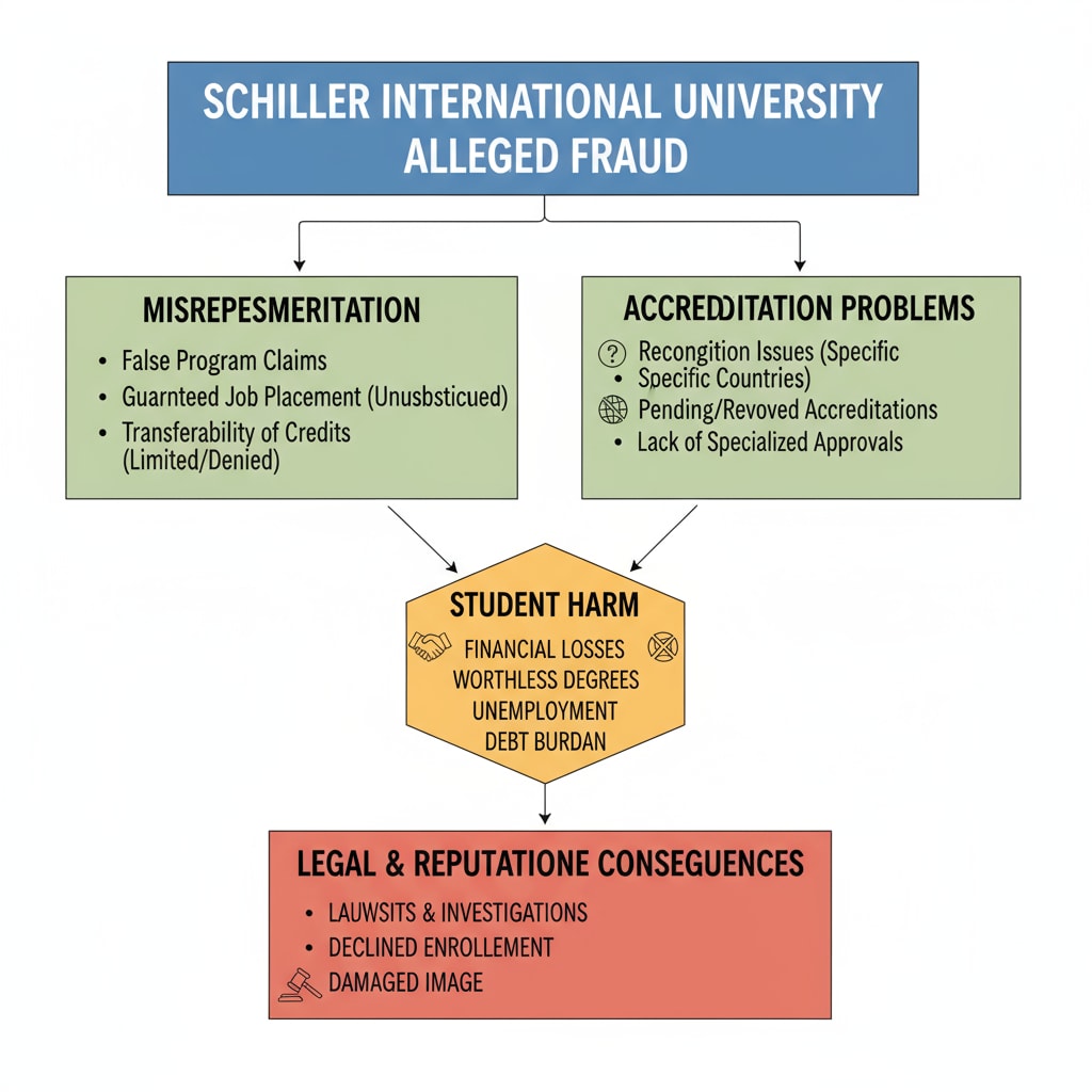 Graphic showing key issues in Schiller International University's alleged educational fraud and its relation to GEDU Group