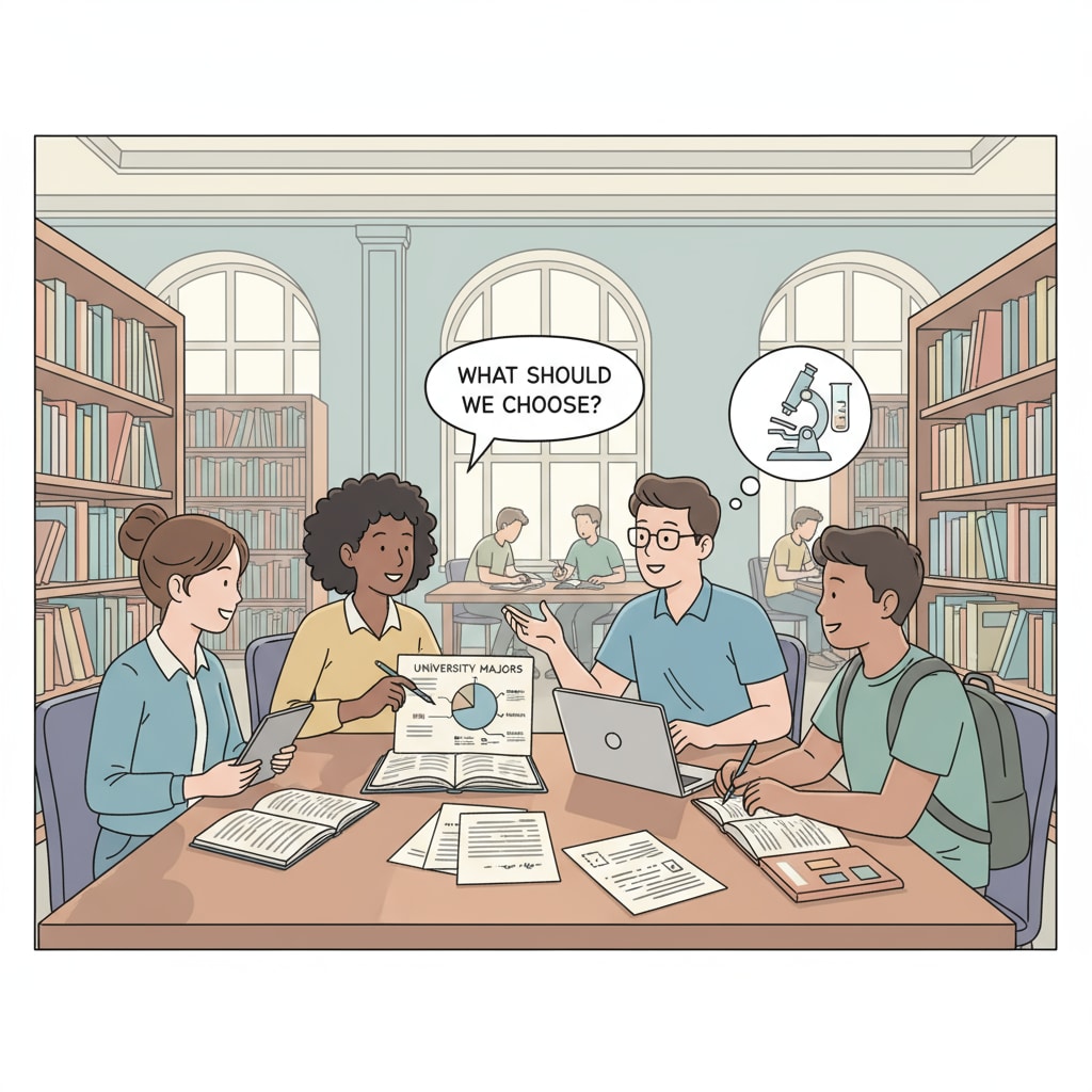 Students with math and physics abilities discussing university major selection in a library