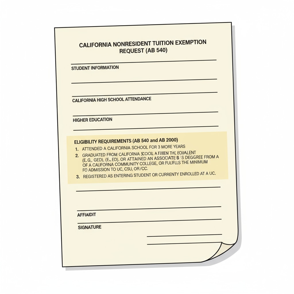 AB-540 form eligibility requirements page for tuition appeal