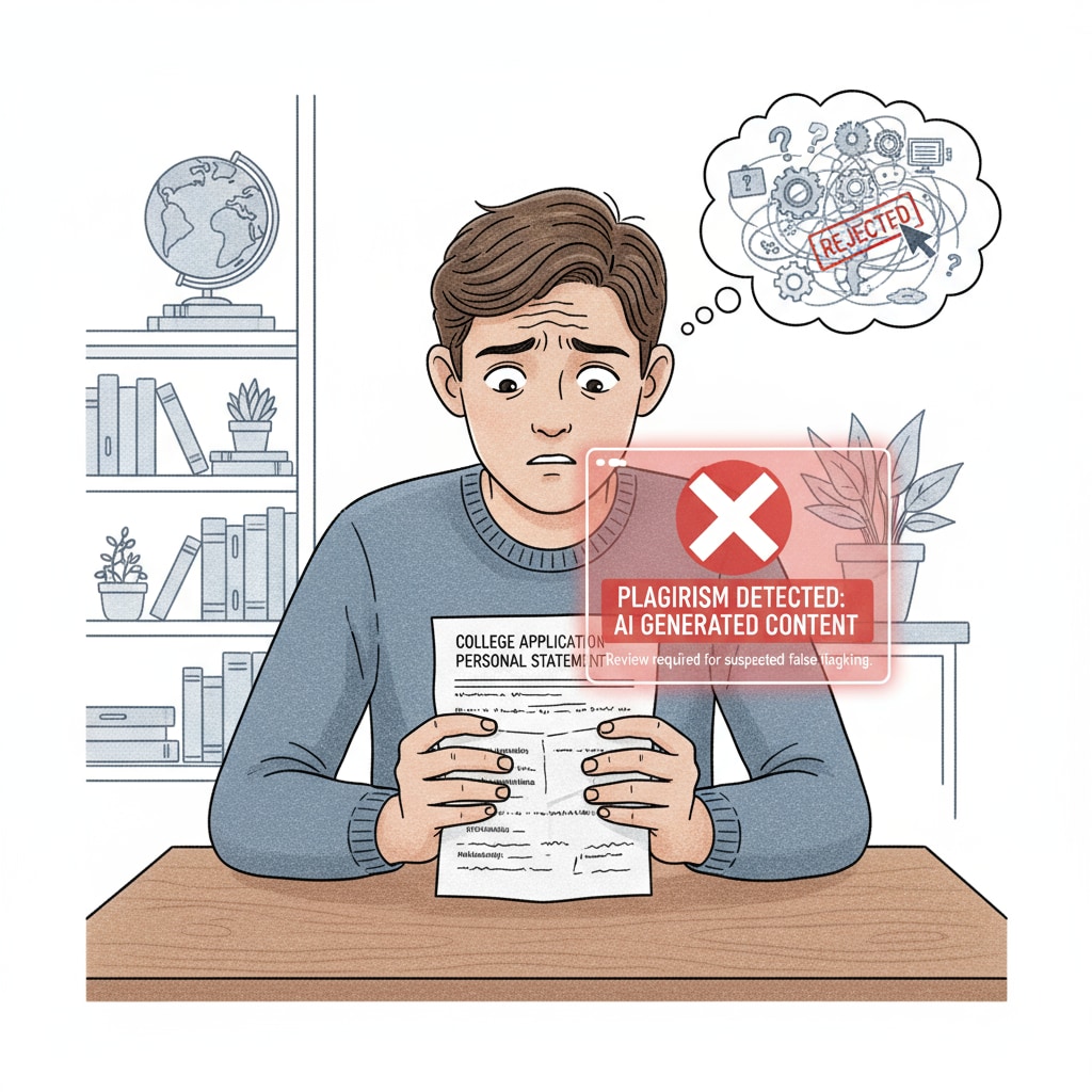 A worried student with a college application personal statement due to AI detection concerns