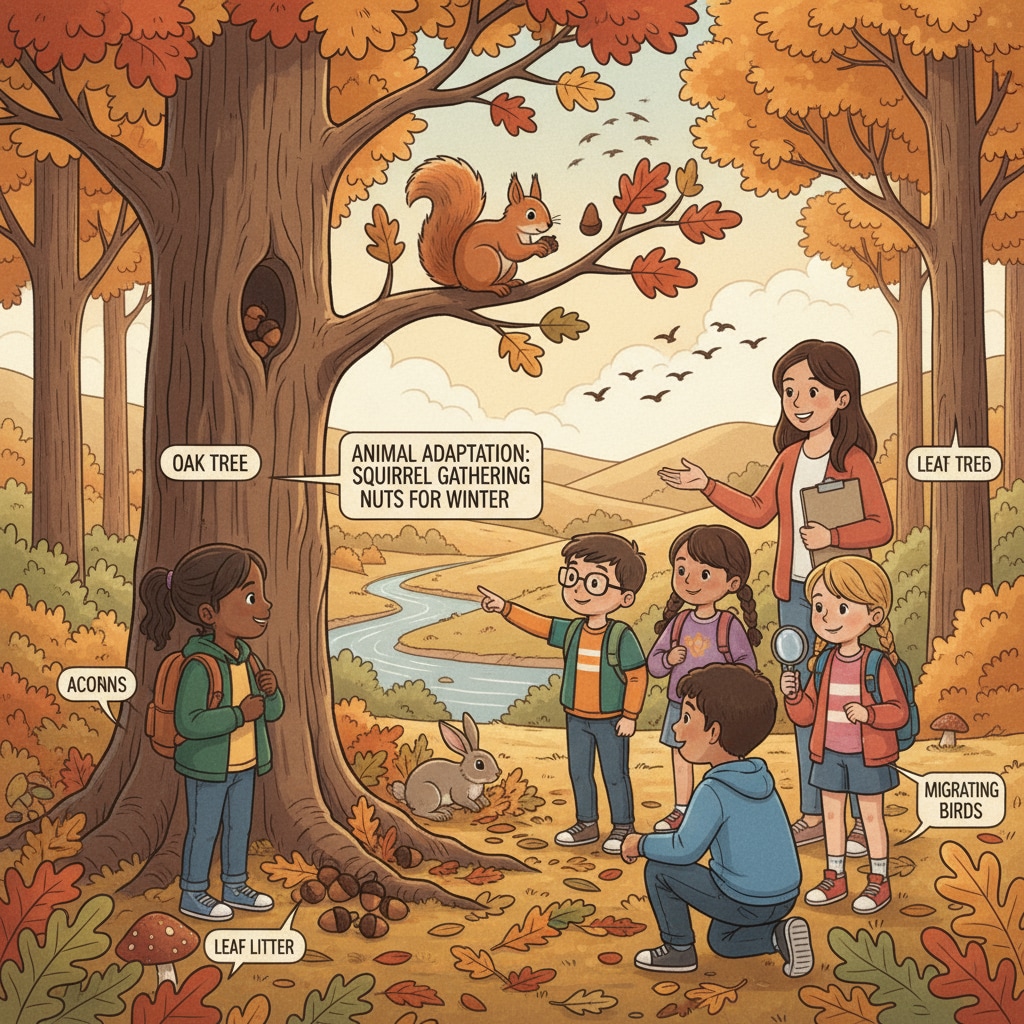 Kids observing animal adaptation in fall for day camp