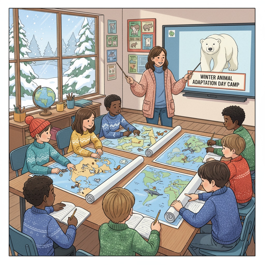 Students studying animal adaptation in winter for day camp
