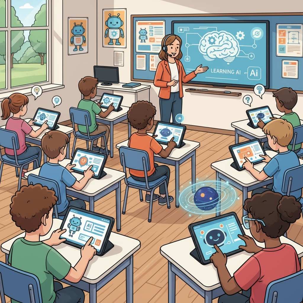 Students in a K12 classroom using AI-powered educational tools related to artificial intelligence, higher education, and employment automation