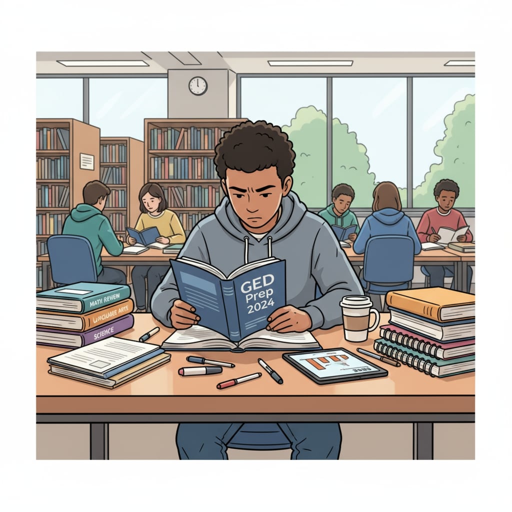 A high school dropout studying for GED tests at a library