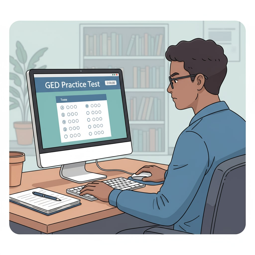 A person taking a GED practice test on a computer