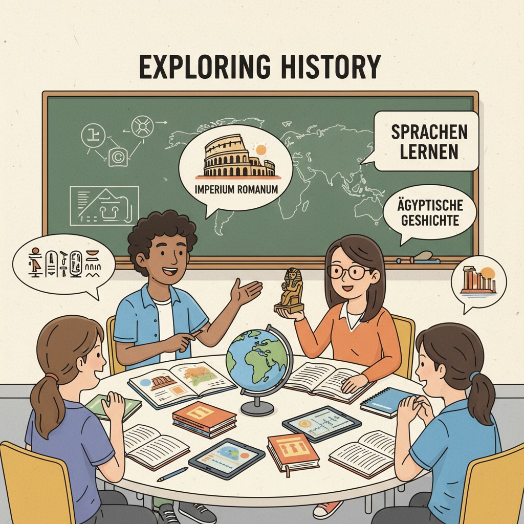 Students discussing historical knowledge in a foreign language to expand cultural horizons
