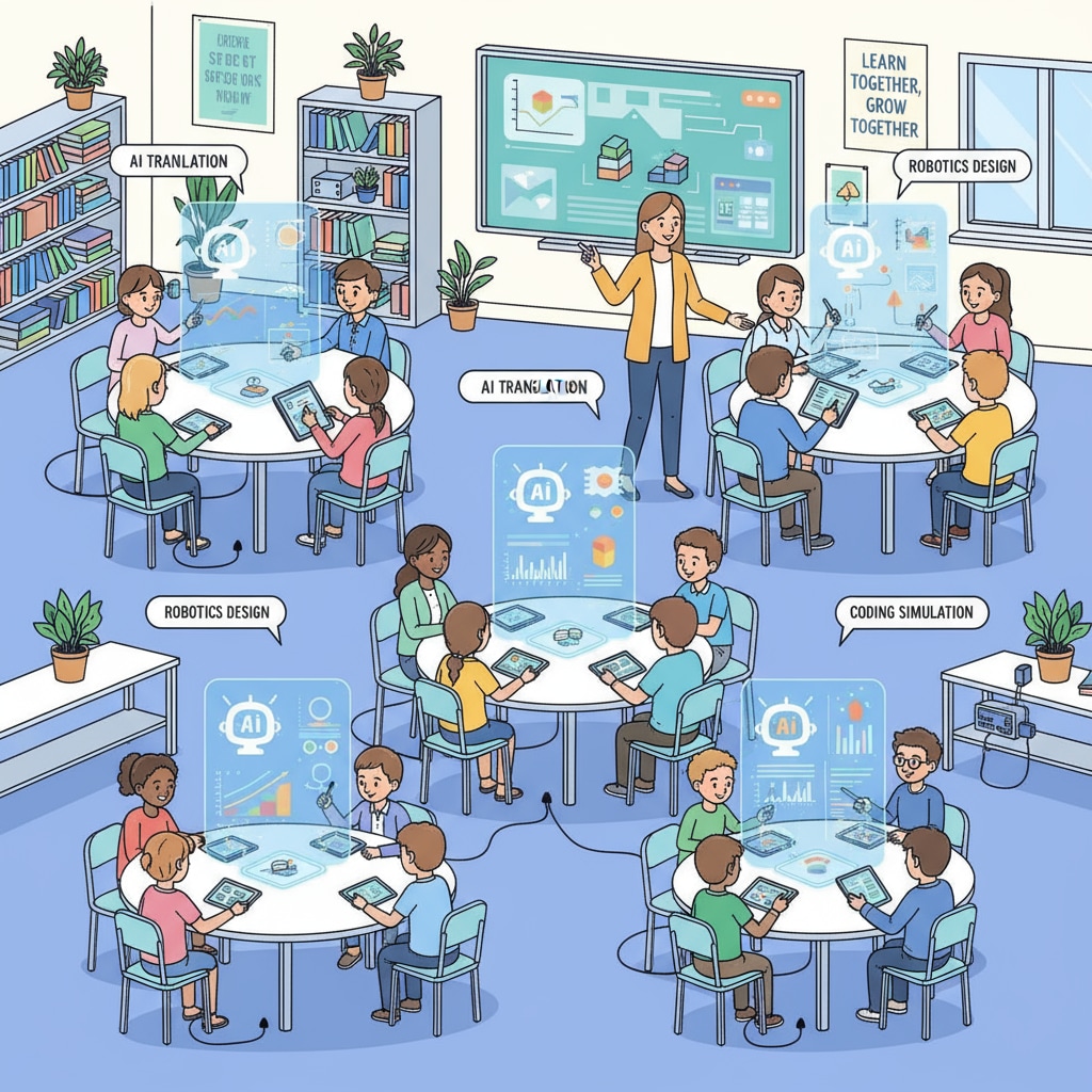 Students using AI learning tools for group projects in a classroom