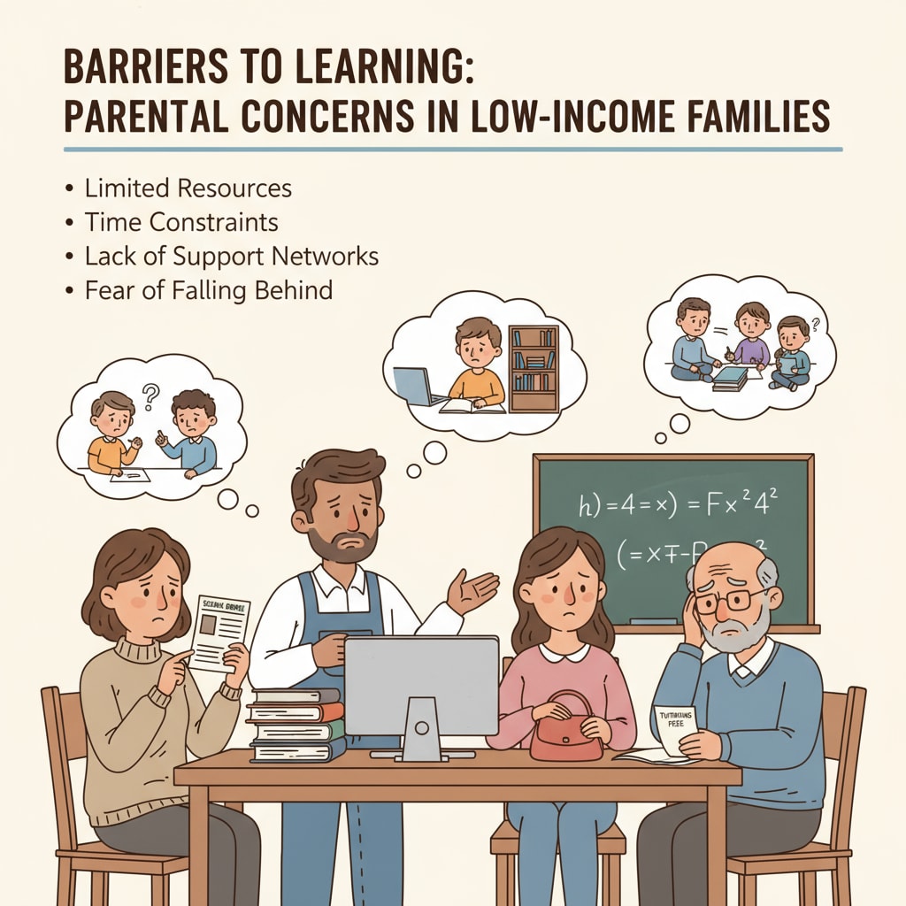 A group of low-income family parents looking worried about their children's education, showing their concerns about not being able to provide enough educational support. Low-income family parents worried about family education and parental involvement