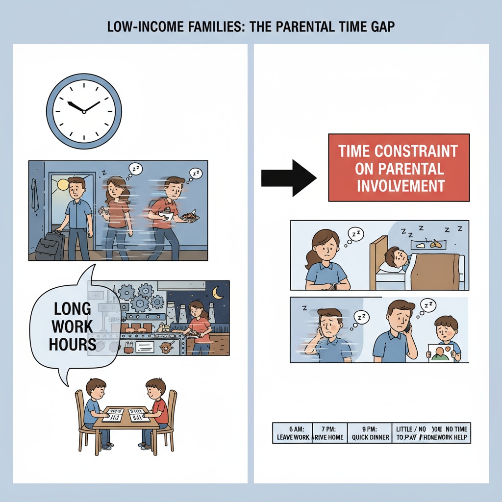 Low-income family parents working long hours and having little time for their children, depicting the time constraint issue they face in parental involvement. Low-income family parents facing time constraints in family education