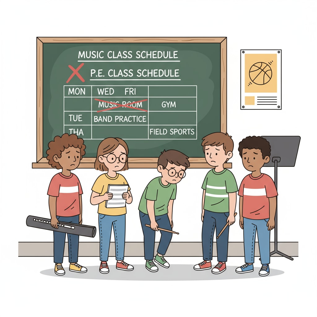 Students disappointed about music class being replaced by P.E. in the context of special subjects, teacher substitution, curriculum value