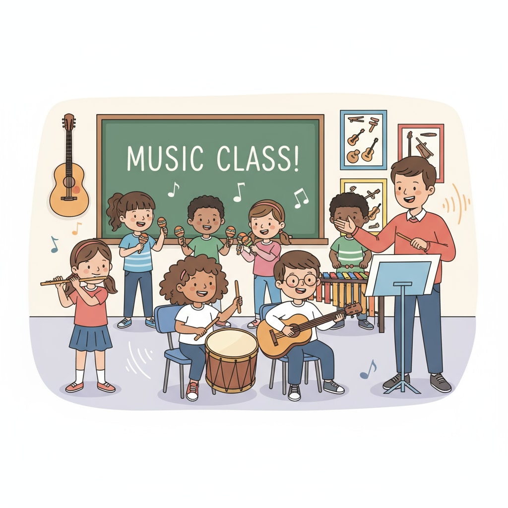 Students engaged in a music class highlighting the value of special subjects in teacher substitution and curriculum value discussions