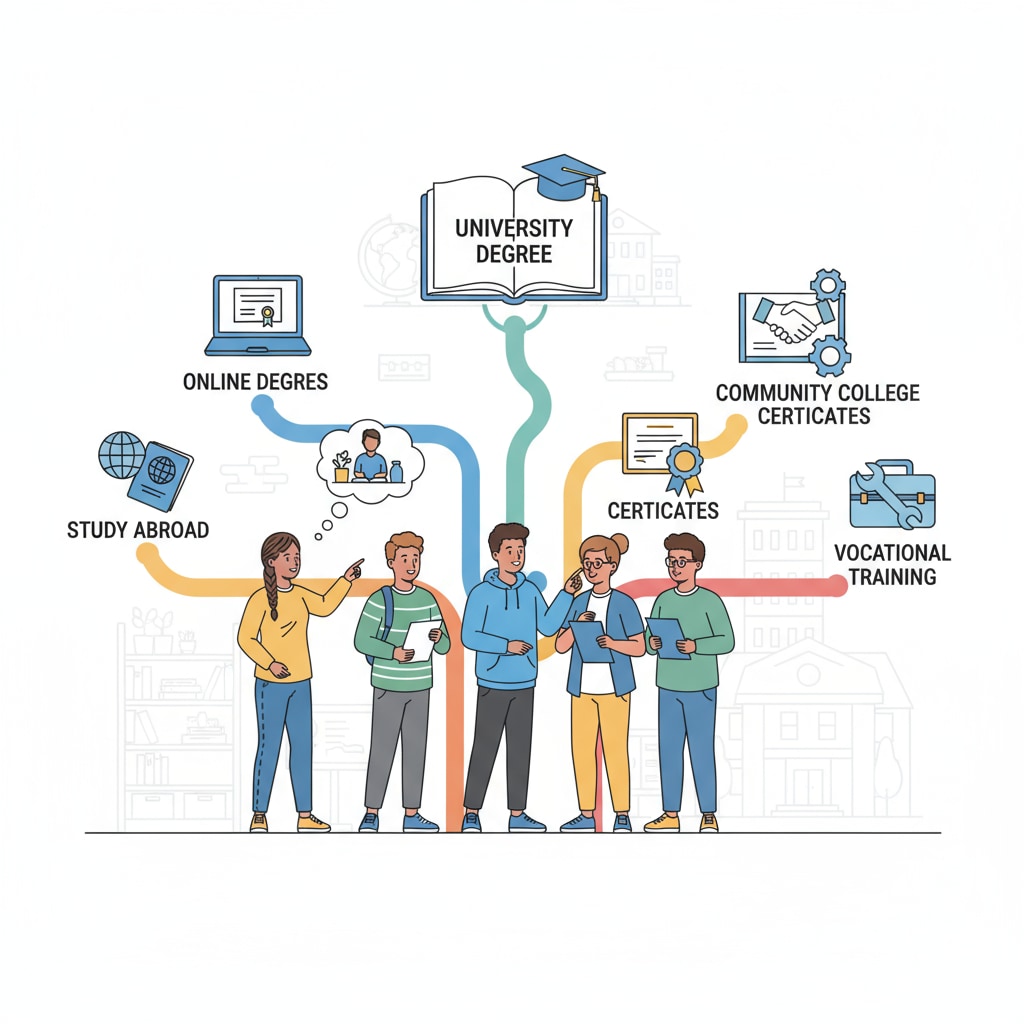Visual representation of students considering education choices, cost comparisons, and career planning