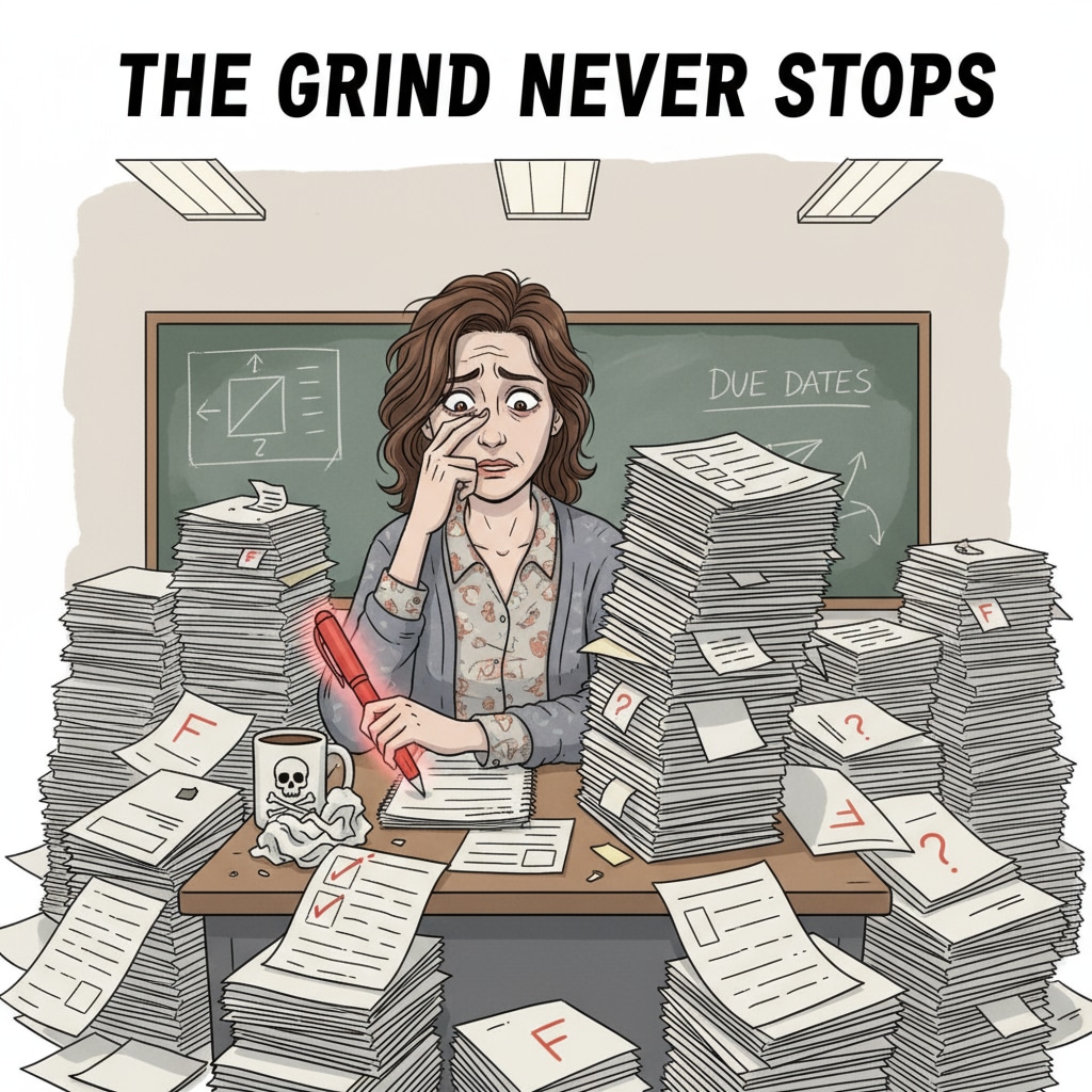 Teacher facing the burden of excessive grading work related to teaching workload and job burnout