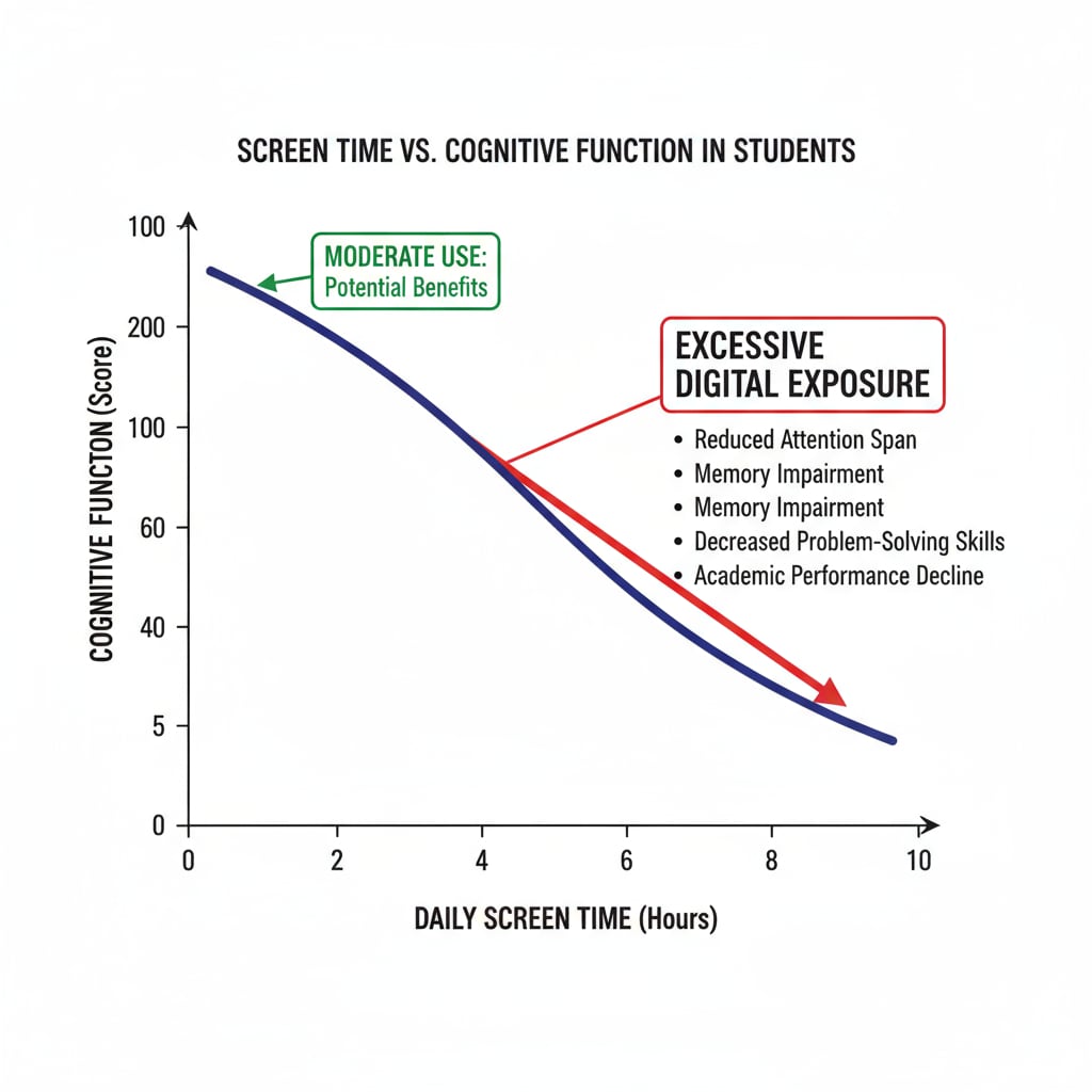 Graph depicting the link between screen time, cognitive function, and its relation to thinking abilities, concentration, and sleep quality