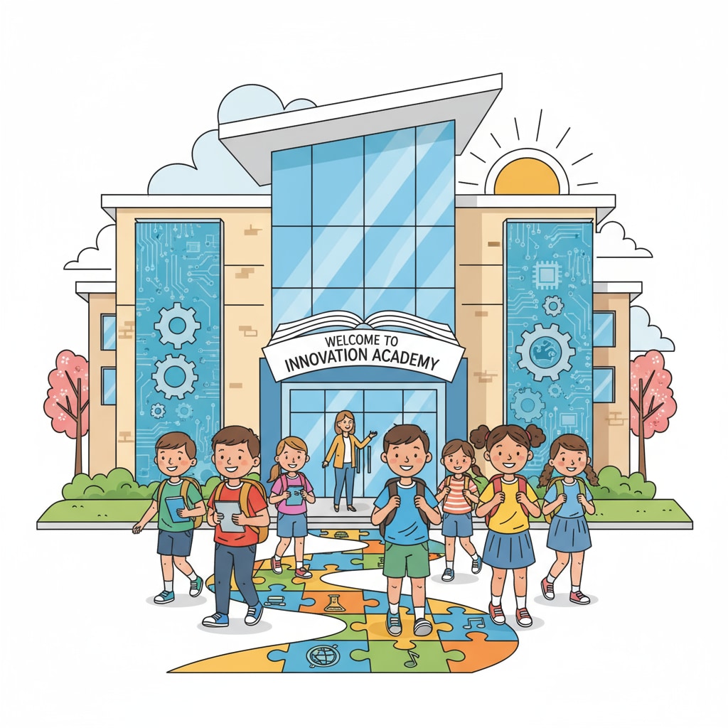 Students entering a school building during the transformation from a public elementary school to a charter school