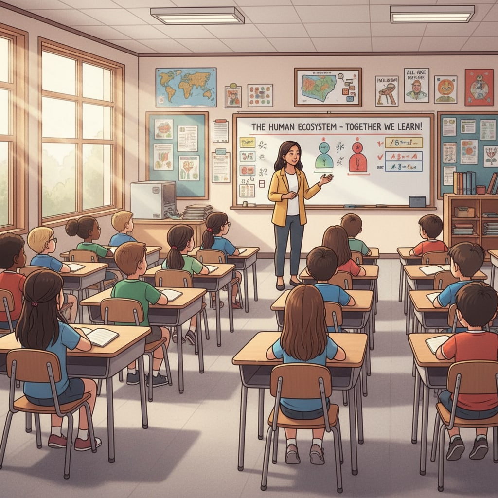 An inclusive classroom scene relevant to home schooling, bias, and public schools